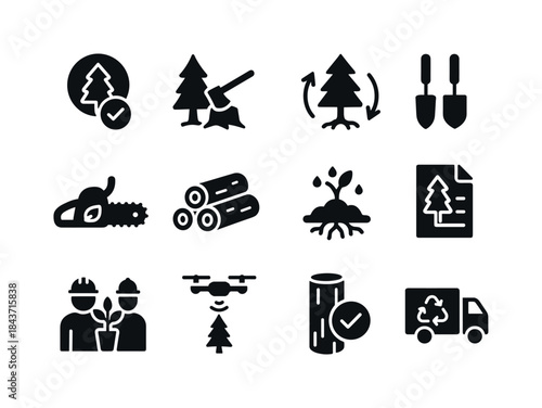 Sustainable Forestry Icons. Sustainable forestry. Solid icon set