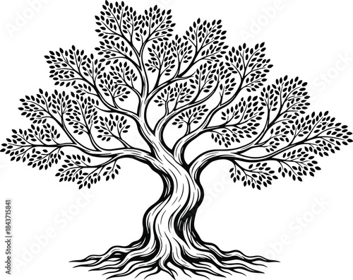 Tree with roots silhouette, symmetrical branches, dense leaves, nature symbol, family tree design, flat vector