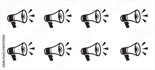 Set of eight black and white megaphone icons with visible internal components and sound waves