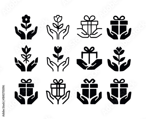 Flower Gift Icons. Receiving flowers or a thoughtful gesture. Ic