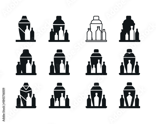 Bar Spirits Logos Grid. spirits on display in a bar. Icon set. S