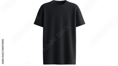 Plain black short-sleeved t-shirt dress with a round neck on a white background.