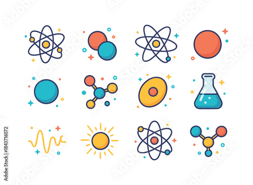 Colorful Atomic Icons Grid. Atomic orbit. Colorful isometric vec