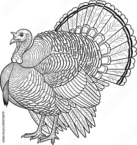 Turkey bird silhouette with fanned tail, feather detail, standing pose, farm animal, flat vector