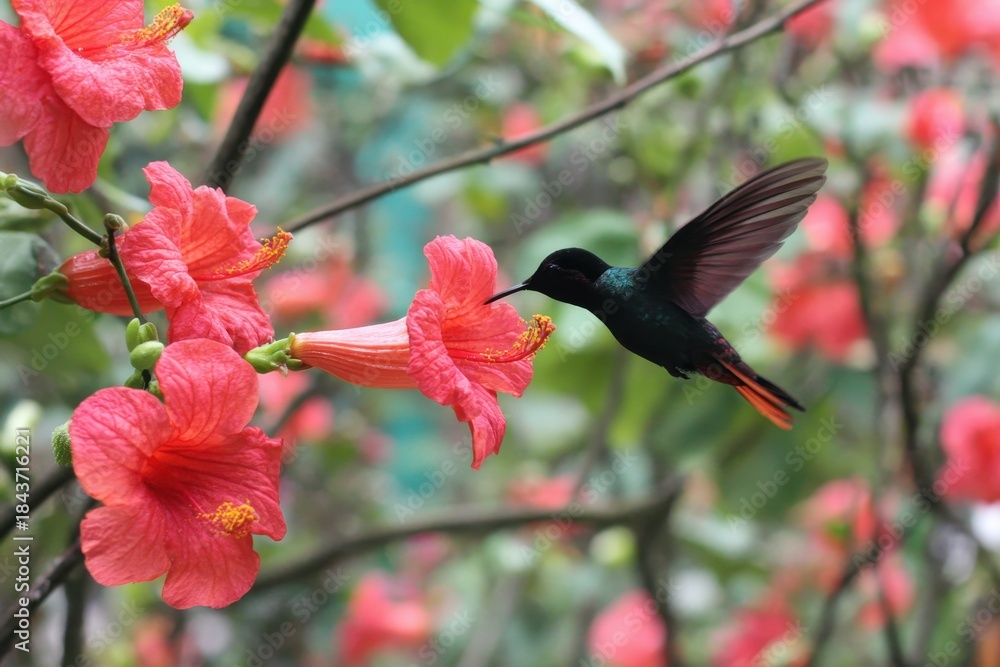 Obraz premium Hummingbird hovering near vibrant red flower gathering nectar