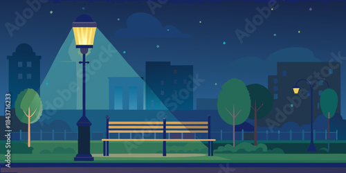 A serene night scene with a glowing lamppost and park bench