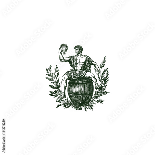 Vintage illustration of a Roman man sitting on a wooden barrel holding a glass of wine, classic hand drawn sketch with laurel wreath frame isolated on white background