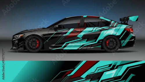 Side view of a black sports car with a modern teal and red geometric racing decal design.