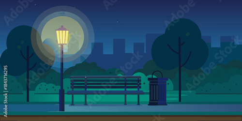 A serene night scene with a glowing lamppost park bench and trees