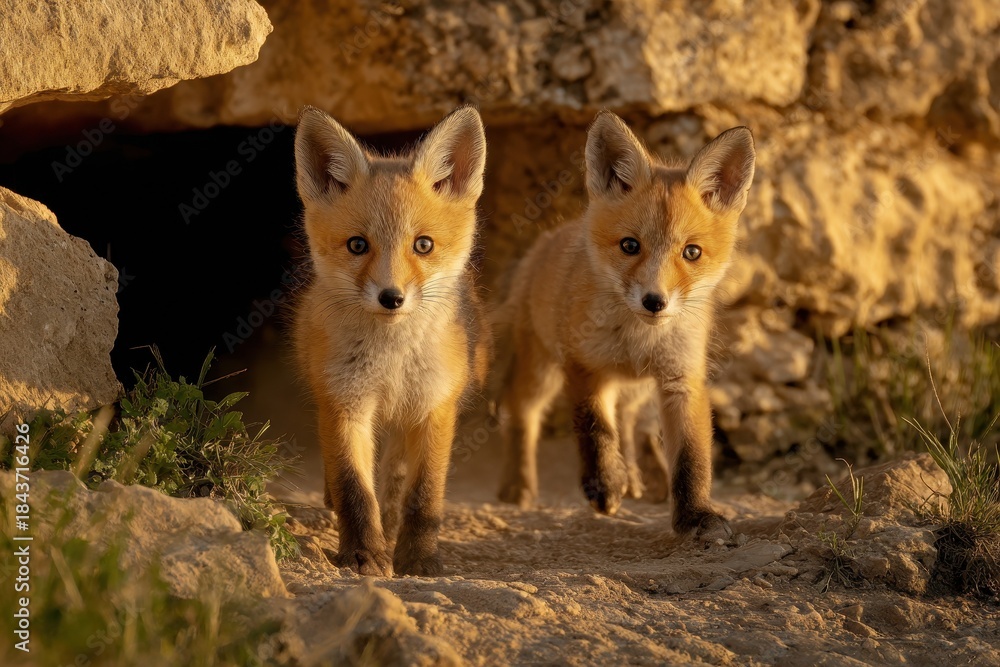 Fototapeta premium Two adorable fox kits exploring the den outdoors