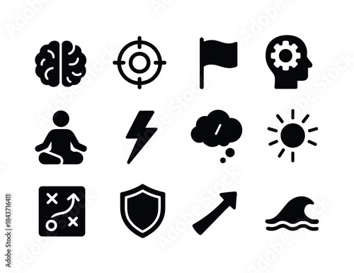 Mental Game Icons. Winning the mental game. Solid icon set of wi