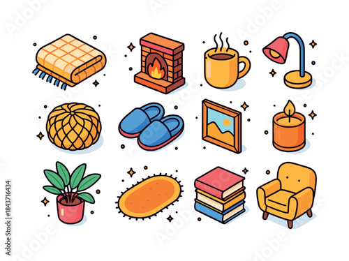 Cozy Living Room Icons. cozy living room. Colorful isometric vec