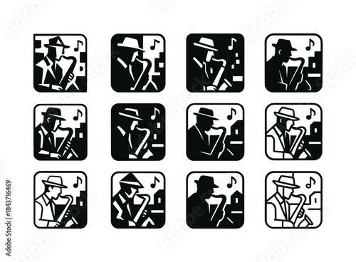 Jazz Saxophone Logo Grid. A jazz musician playing a saxophone in