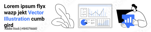 Analyst reviews performance metrics on digital dashboard with charts, graphs, laptop. Ideal for data analysis, growth tracking, business strategy, decision-making, analytics, operations simple