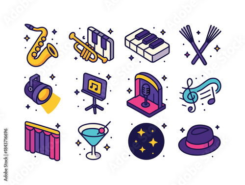 Jazz Icon Set. Jazz Performance. Colorful isometric vector icons