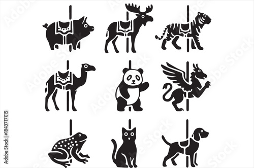 Carousel Animals Silhouette Set: Pig, Moose, Tiger, Camel, Panda, Frog, Cat, and Dog Icons
