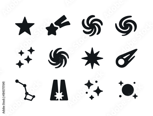 Cosmic Icons Collection. Stars and galaxies. Solid icon set of s
