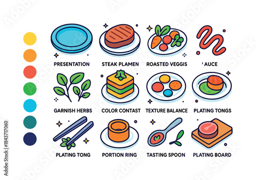 Colorful Food Plating Icons. Food plating. Colorful isometric ve