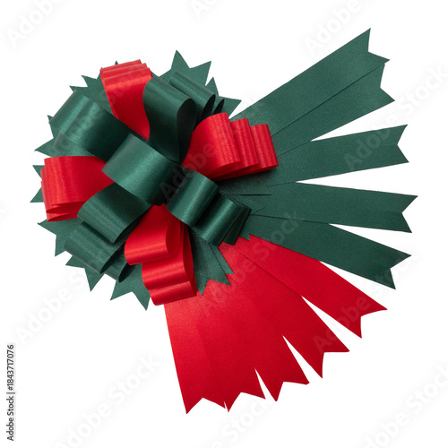 Handcrafted Christmas bow with traditional red and green colors made from fabric and clothing materials. For holiday wreaths, Christmas tree toppers, gift wrap. On white background, clipping path.