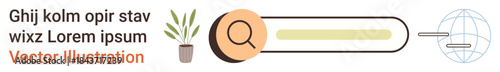 User interface design, global connectivity, digital search tools, online navigation, search engine optimization, internet interaction. Search bar icon with plant and globe elements. User interface