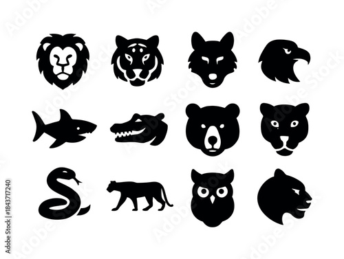 Black Predator Icons. Animal Predators. Solid icon set of Animal