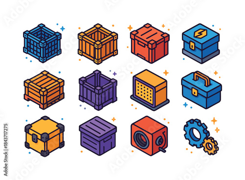 Colorful Industrial Icons. Industrial Boxes. Colorful isometric