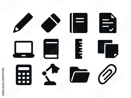 Homework Essentials Icon Set. Homework tools. Solid icon set of