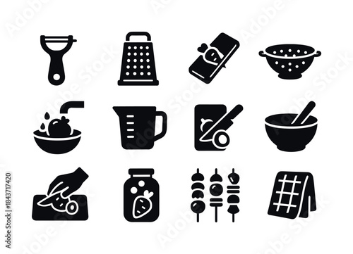 Vegetable Prep Tools. Vegetable preparation. Solid icon set of v