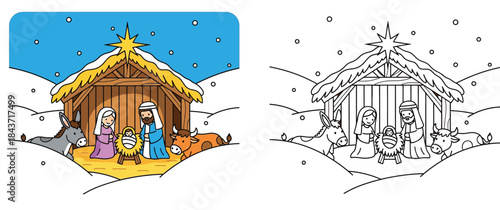 Winter Nativity Scene with Mary, Joseph, Baby Jesus, Donkey, and Cow in a Snowy Stable