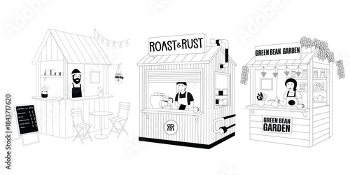 A line drawing illustration featuring three distinct small market stalls or kiosks, each representing a small business.