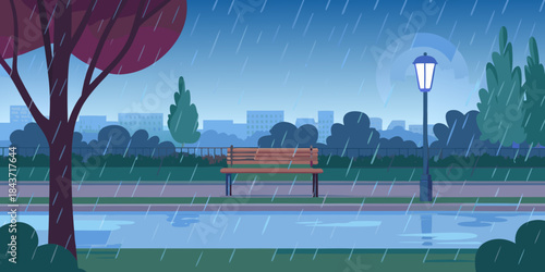 Rainy night in the park with a bench and city skyline view