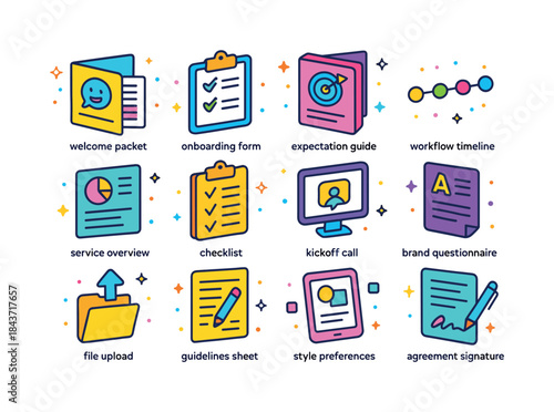 Colorful Onboarding Icons. Client onboarding. Colorful isometric