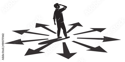 Black silhouette of a jumping businessman with an arrow and bow, symbolizing the concept of success, choice, and direction in business competition