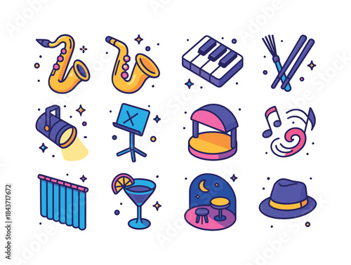 Jazz Icon Set. Jazz Performance. Colorful isometric vector icons