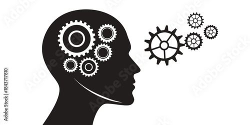 Human profile silhouette with gears representing the concept of technology, mind, and intelligent thinking