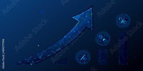 Geometric blue arrow pointing upwards with percentage signs and data visualization
