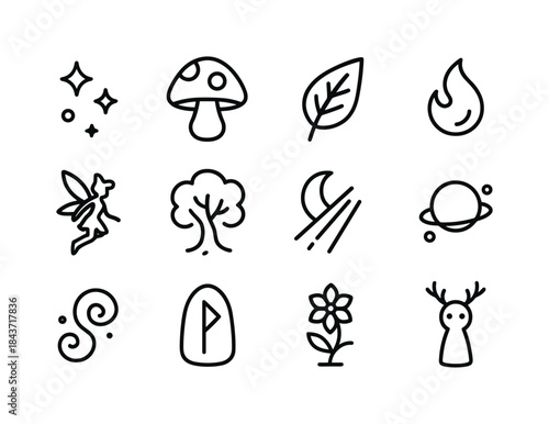 Magical Glade Icons. Magical glade. Line icon set of magical gla