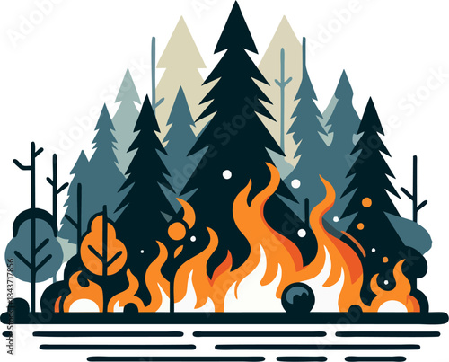 Wildfire in Pine Forest Flat Vector Illustration