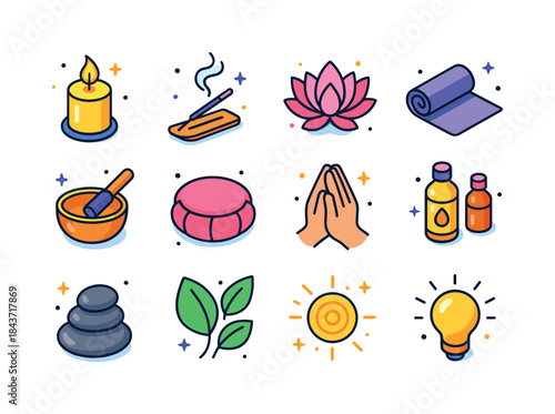 Meditation Icons Collection. Meditation. Colorful isometric vect