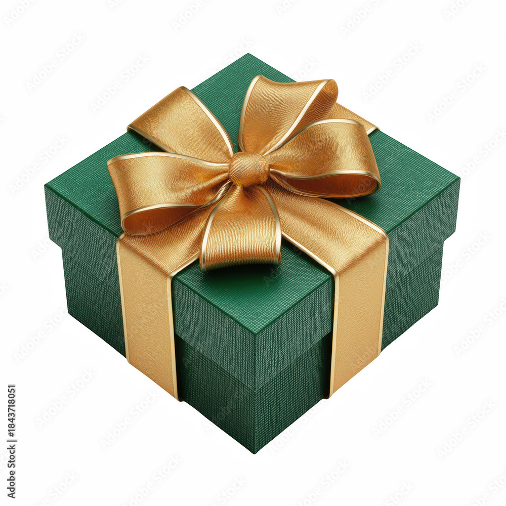 Fototapeta premium Green gift box with shiny gold satin ribbon and bow, isolated on transparent background.