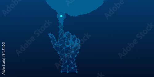 A digital hand interacting with a glowing point in a dark space