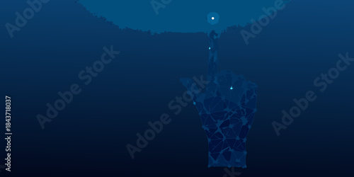 Abstract polygonal hand reaching toward a glowing light in deep blue space