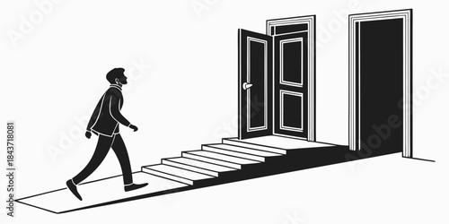 Businessman silhouette standing on office stairs in dark room with light concept of success and open door