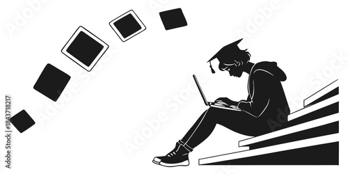 Businessman working on a laptop while a woman on the phone uses a treadmill near the office desk in silhouette