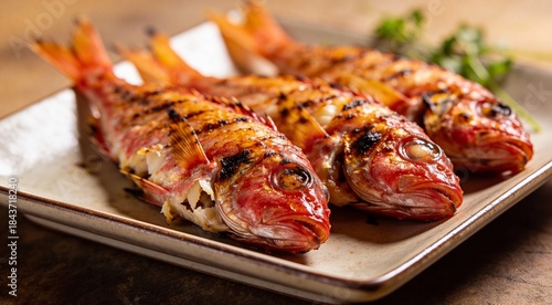 Grilled red mullets on square plate selective focus 