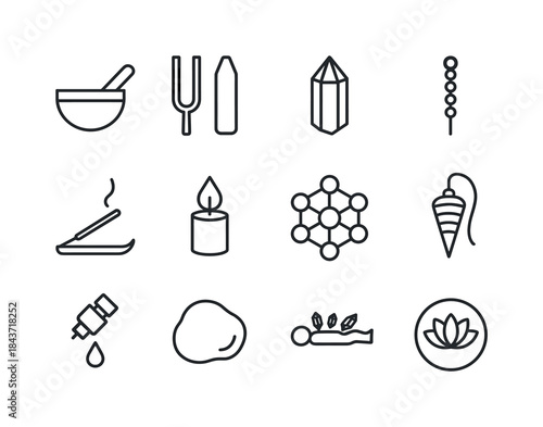 Chakra Healing Icons. Chakra healing tools. Line icon set of cha
