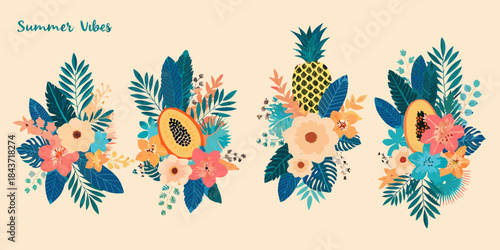 Tropical floral arrangements with pineapple papaya and vibrant summer leaves design