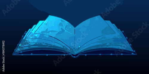 An open book with glowing blue digital data streams and futuristic design