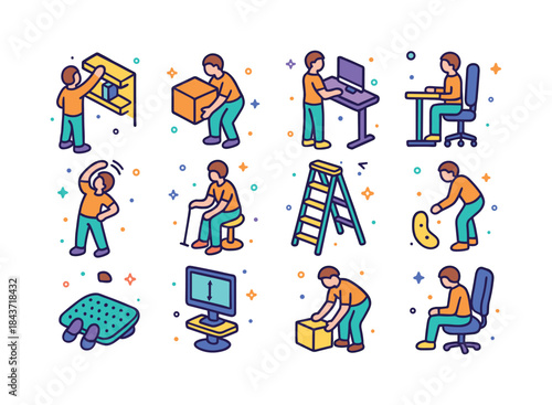 Colorful Ergonomics Icons Set. Ergonomics. Colorful isometric ve