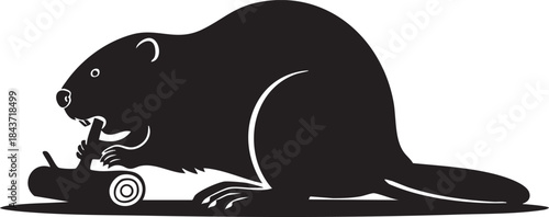 Black and white of a beaver gnawing on a wooden log with a wheel
